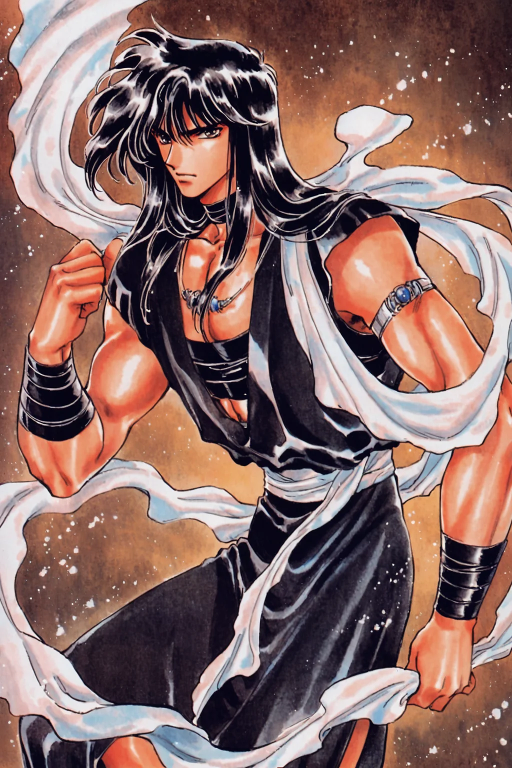 Yaksha,solo,long hair,black hair,male focus,1boy,retro artstyle,1990s (style),traditional media,<lora:RG Veda_XL:0.8>,