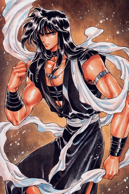 Yaksha,solo,long hair,black hair,male focus,1boy,retro artstyle,1990s (style),traditional media,<lora:RG Veda_XL:0.8>,