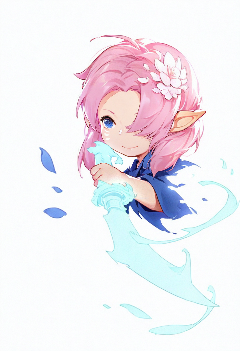 1girl, solo, pink hair, blue eyes, hair ornament, hair over one eye, weapon, petals, holding, hair flower, pointy ears, flower, white background, smile, holding weapon, simple background, facial mark, bangs, looking at viewer, upper body, holding dagger, short hair <lora:solaXL_NBVP1_lokr_V6311PZ:0.95>