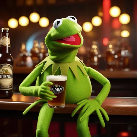 Kermit1024,a muppet frog, ((full body)), drink beer in a pub, neon lights sign "Kermit" , highly detailed, photography, ultra sharp, film, bokeh, professional, 4k <lora:add-detail-xl:1.5> <lora:Kermit1024:0.8>
