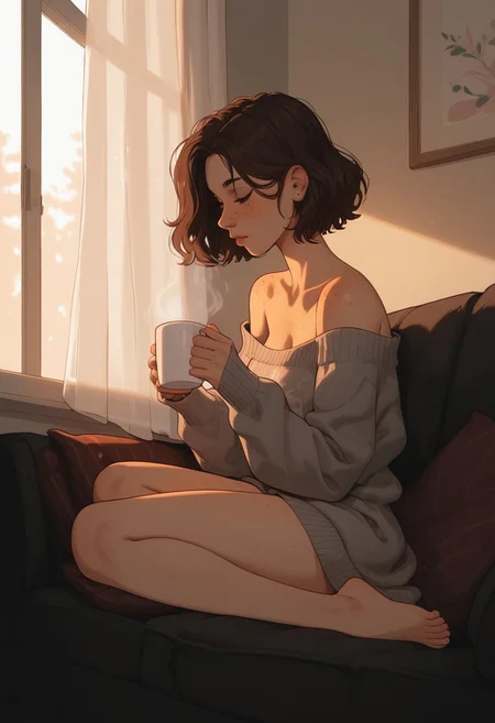 safe_pos, score_9, score_8_up, score_7_up, 1girl, brunette, sitting on a couch, feet curled under her, bare legs, comfy, oversized sweater, off the shoulder, holding a cup of coffee, steaming cup of coffee, both hands holding the mug, morning light through a window, soft, delicate, sexy, small breasts, freckles, (((good anatomy)))