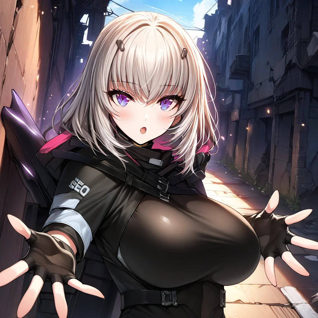 (masterpiece),(best quality),(ultra-detailed),(best illustration),(best shadow),(absurdres),(detailed background),(very aesthetic),warm lighting, 1girl, solo, seo_yoon, white hair, purple eyes, :O, large breasts, upper body view, fingerless glove, leaning on the wall, black suit, ruined city, hands reaching out, outstretched arms, looking at viewer, skin suit, open mouth, <lora:XL-ASeoYoonv1a:1>