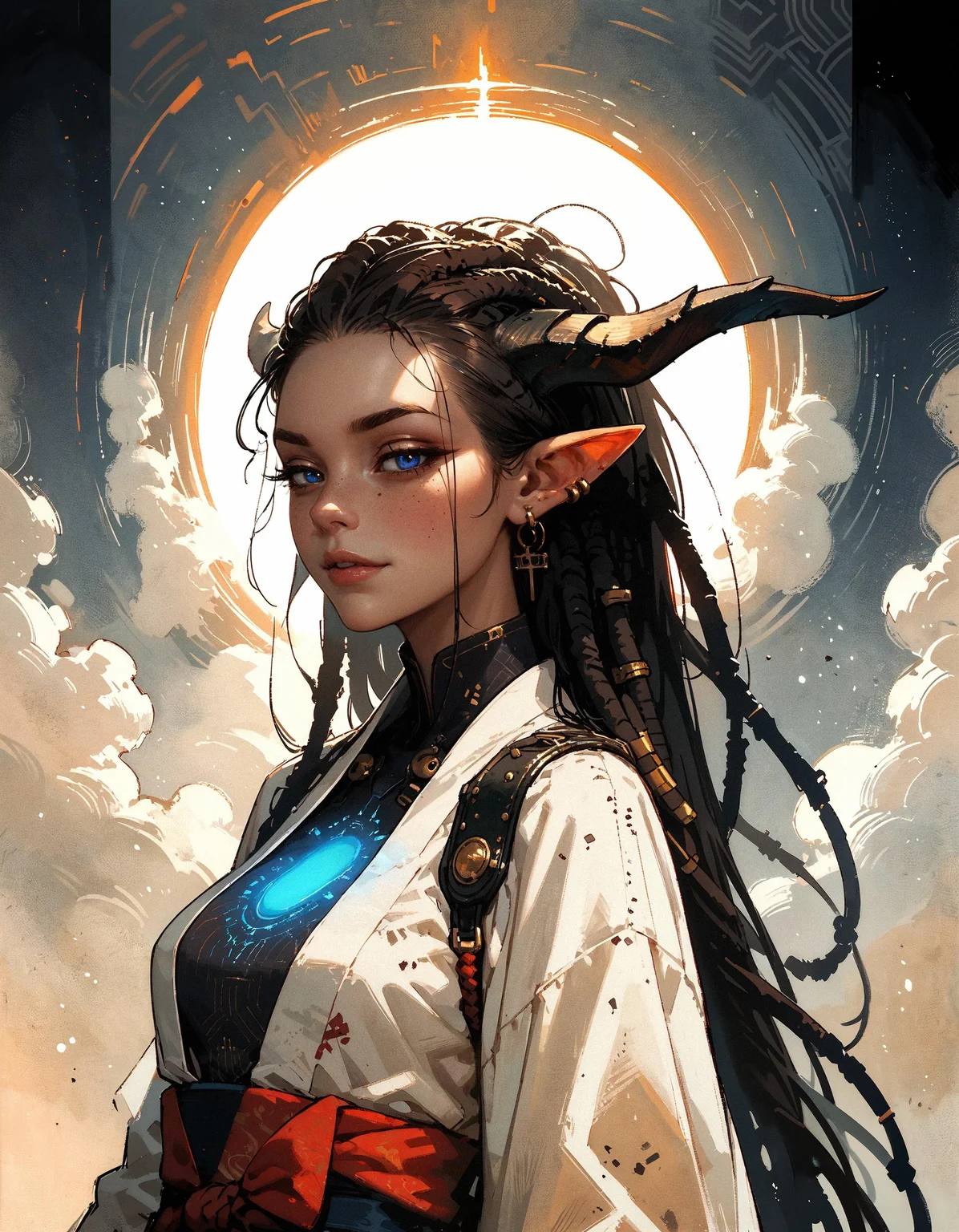 score_9, score_8_up, score_7_up, score_6_up, score_5_up, score_4_up, female, cel-shading, backlit, delicate features, very long hair, (dreadlocks), upper body, medium breasts, horns, cyborg, pointy elf ears, multiple ear piercings, black background, techwear, large horns, dynamic pose, freckles, light blue outfit, blue glowing machine parts, hair oranments, smug, seductive smile, from behind, looking over shoulder, battle armour, chestplate, japanese dress