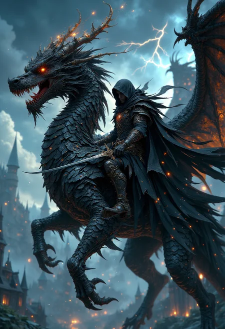 a dark, armored knight riding a fierce, black dragon. The scene is set against a stormy sky with lightning illuminating the background, casting an eerie glow. The dragon is detailed with scales and glowing orange eyes, exuding a sense of power and menace. The knight is clad in intricate, dark armor with a hood obscuring their face, adding to the mysterious and ominous atmosphere. Sparks and embers float around them, enhancing the dramatic and magical ambiance. In the background, a medieval castle with pointed towers is partially visible, shrouded in mist, contributing to the epic and fantastical setting.
<lora:FluxMythP0rtr4itStyle:0.6> <lora:Midjourney_Dreamlike_Fantasy_FLUX_LoRA:0.6> <lora:Elden_Ring_-_Yoshitaka_Amano:0.33>