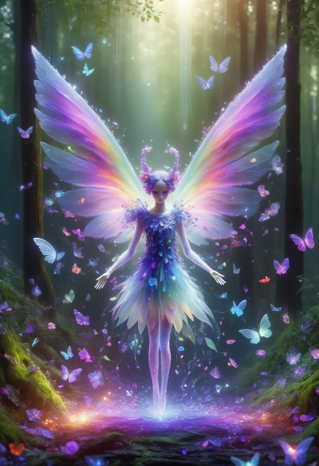DonMD1g174l4sc3nc10nXL,  lilith, tiny humanoid creature with wings, delicate graceful appearance, transparent opalescent iridescent wings, pointed ears, colorful ethereal clothing, nature inspired attire, made of petals and leaves, __Bo/clothings/magical/unisex/accessories__, playful, oxygen-rich air,inferno,    <lora:DonMD1g174l4sc3nc10nXL-000006:1.2>