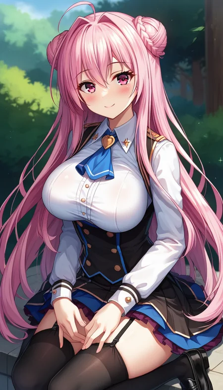 score_9,score_8_up,masterpiece,best quality,correct anatomy,anime_source,1girl,solo,perfect eyes,perfect arms,perfect legs,perfect face,outdoors,upper body,(portrait:1.5),looking at viewer,facing viewer,smile,blush,Remiliera Retiaheart,ahoge,very long hair,pink hair,hair intakes,double bun,sidelocks,hair between eyes,bangs,pink eyes,uniform,blue ascot,black vest,white shirt,collared shirt,long sleeves shirt,large breasts,black thighhighs,miniskirt,black skirt,frilled skirt,garter straps,pleated skirt,black thighhighs,zettai ryouiki,loafers,black footwear,<lora:Remiliera Retiaheart(uq)-Pony:1.2>,