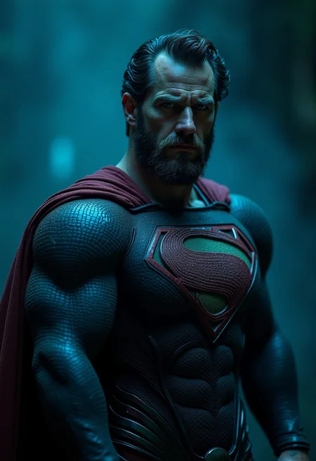 DARK movie still, heavy Film grain, monochrome with Low Key color Highlights, A dystopian DARK villain Photo Portrait of Superman, outworn Cape and armored suit, rough skin, skin Details, beard, outworn, old, in pain, dust, dirt, gritty, Film Noir Style, high contrast, deep blacks, vibrant blue Pop art elements,