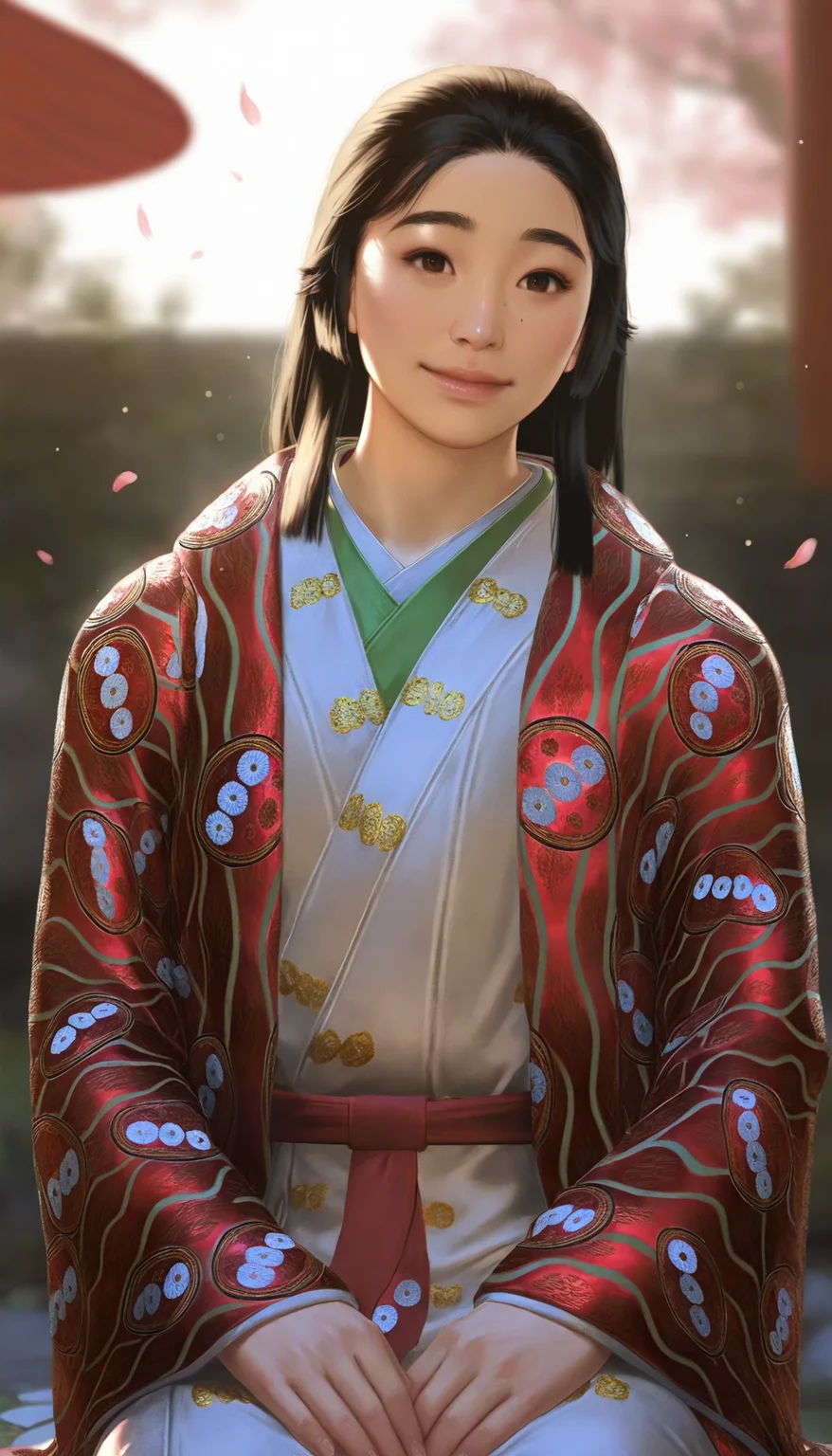 masterpiece,best quality,amazing quality,
<lora:oichiIL:1>,oich1,realistic,
1girl,solo,black hair,hime cut,brown eyes,red uchikake,white kimono,red sash,
(upper body:1.4),looking at viewer,seiza,hands on legs,smile,
outdoors,day,depth of field,soft lighting,light particles,blurry background,falling petals,
