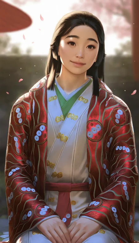 masterpiece,best quality,amazing quality,
<lora:oichiIL:1>,oich1,realistic,
1girl,solo,black hair,hime cut,brown eyes,red uchikake,white kimono,red sash,
(upper body:1.4),looking at viewer,seiza,hands on legs,smile,
outdoors,day,depth of field,soft lighting,light particles,blurry background,falling petals,