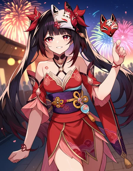 score_9, score_8_up, score_7_up, source_anime,
honkaisparkle, <lora:honkai-sparkle-ponyxl-lora-nochekaiser:1>,
sparkle, long hair, bangs, black hair, hair ornament, twintails, red eyes, bell, mask, mask on head, fox mask, smile,
dress, bare shoulders, japanese clothes, sash, tattoo, red dress,
outdoors, fireworks, festival,
looking at viewer, cowboy shot, dutch angle,