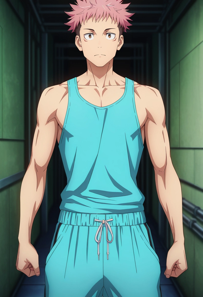 masterpiece, best quality, intricate details, anime screencap, anime coloring, , looking at viewer, 1boy, solo, male focus, <lora:yuuji_itadori_ilxl:0.92>, yuuji_itadori, pink hair, brown eyes, short hair, undercut, spiked hair, , , Tailored sweatpants, Abstract Tank top, , ,