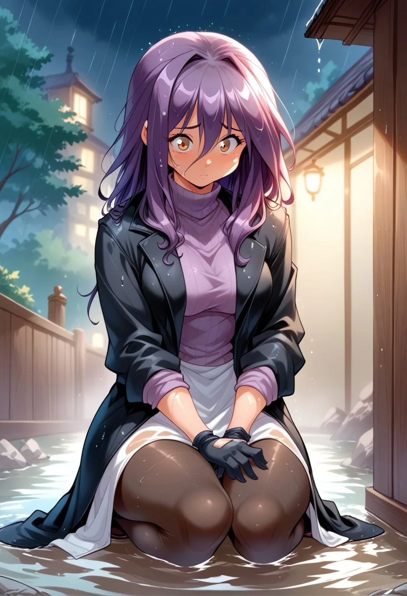 score_9, score_8_up, score_7_up, source_cartoon, solo, robot woman, black coat, purple turtleneck, black pantyhose, black gloves, (caught in the rain, on her knees, sad, wet, soaking wet hair:1.3), (indirect lighting, dynamic lighting:1.4), back alleyway, at night, (detailed image, high resolution, 5k resolution:1.0), (las lindas style), (anime Art Style:1.2)