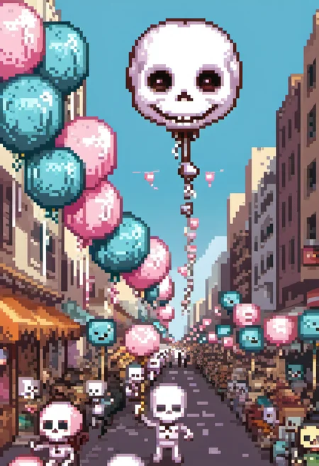 pixel art, digital art, Whimsical illustration of a Thanksgiving-style parade featuring massive helium balloons shaped like grinning skulls, floating above cheering crowds in a city street. Children wave tiny skull-shaped balloons while vendors sell cotton candy shaped like bones. style pop surrealism with exaggerated proportions and bright pastel tones. theme celebration of death, cultural rituals. playful, ironic.