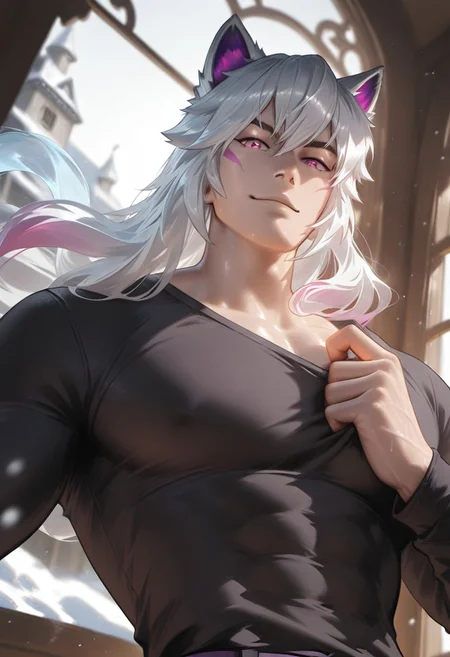 //General, masterpiece,best quality,amazing quality, source_anime, intricately detailed illustration, very aesthetic, absurdres, newest, anime coloring, subsurface scattering, , natural lighting, Expressiveh, detailed skin, shiny skin,aesthetics light, depth of field, vibrant colors,
//Fashion, black shirt, long sleeves,
//Background, castle interior, indoors, snow background outside the window,
//Others, 1boy, male focus, solo male, manly body,
//Action, looking at viewer, light smile, close up, upper body,
BREAK,
Sett, white hair, long hair, animal ears, pink eyes