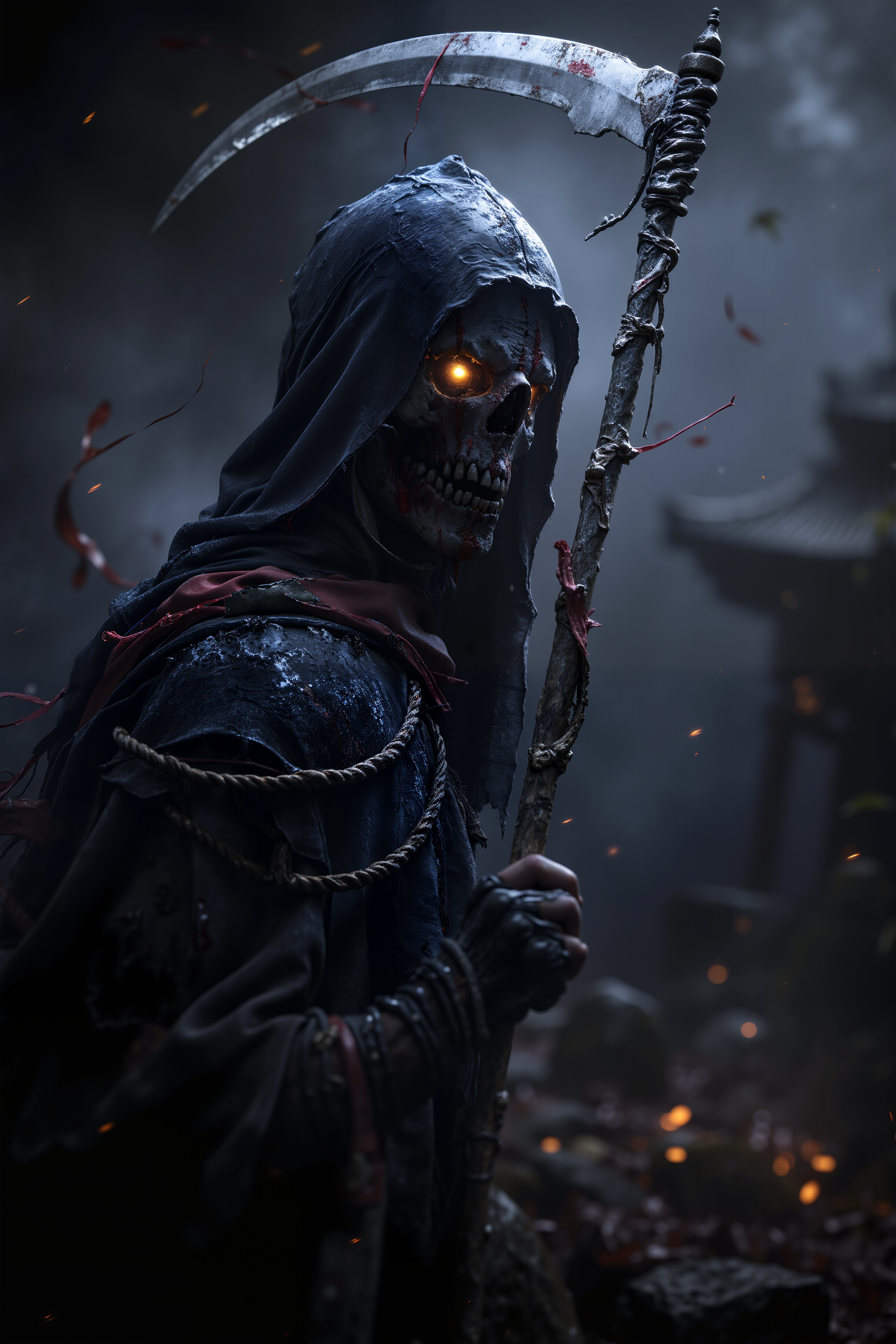 A hyper-realistic portrait, photorealistic photo a death incarnate reaping souls of the damned with a silver scythe (photography, high-resolution, dynamic, energetic,hyper-realistic, dramatic lighting, shallow depth of field.)<lora:black_fantasy_1.0>