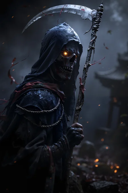 A hyper-realistic portrait, photorealistic photo a death incarnate reaping souls of the damned with a silver scythe (photography, high-resolution, dynamic, energetic,hyper-realistic, dramatic lighting, shallow depth of field.)<lora:black_fantasy_1.0>