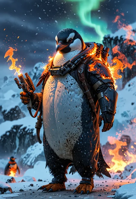 Penguin with Flamethrower: "A penguin in 8k HD, suited in Arctic combat gear, wielding a flamethrower. The background is a frozen tundra with glaciers and the northern lights in the sky."  
<lora:EpicF4nta5yXL:0.8>
<lora:add-detail-xl:1>
<lora:WildcardX-XL-Detail-Enhancer:1>
<lora:MJ52:0.375>
<lora:CinematicStyle_v1:0.42>