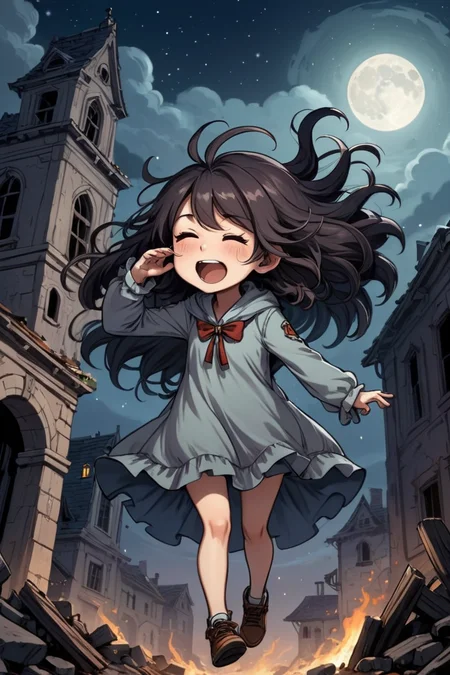 ghost girl falling from the night sky, 
hair covering her eyes,  haunted house background, 
in front of ruined hosptial, 
night time
celestial,  cute,  adorable,  whimsical, 
2D comic illustration, 
anime fantasy, 
fine-inked Thick-outlines, 
cel-shaded, 
contour, 
mysterious, 
Dark, 
by disney,  pixar, 
Town of Salem 2, 
darkest dungeon, chibi, Emote Chibi, chibi style