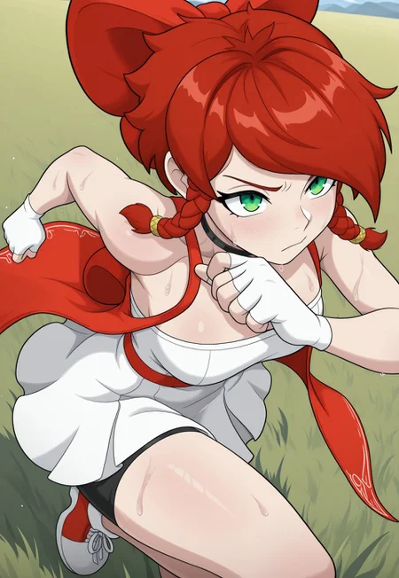 masterpiece, best quality, newest, absurdres, highres, Scarlet-Utopus, red hair, green eyes, braid, spikey hair, bow, hair bow, red bow, bare shoulders. white gloves, fingerless gloves, white dress, red overcoat, black shorts, red and white shoes, solo, alone, outside, grass field, sweating, running,