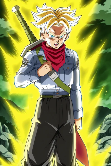anime screencap, anime coloring, detailed face, masterpiece, best quality, very aesthetic, absurdres, official style, amazing quality, ultra detailed, highres, amazing quality, scenery, beautiful detailed hair, beautiful detailed eyes,
<lora:2-in-1_Mai_and_Trunks_Dragon_Ball_Super_-_Future_Trunks_Saga_appearances:1>
Super Saiyan Trunks (appearance), Future Trunks (character), trunks (dragon ball), super saiyan, spiked hair, male focus, 1boy, solo, blonde hair, sword, weapon, pants, open mouth, sword on back, denim jacket, aura