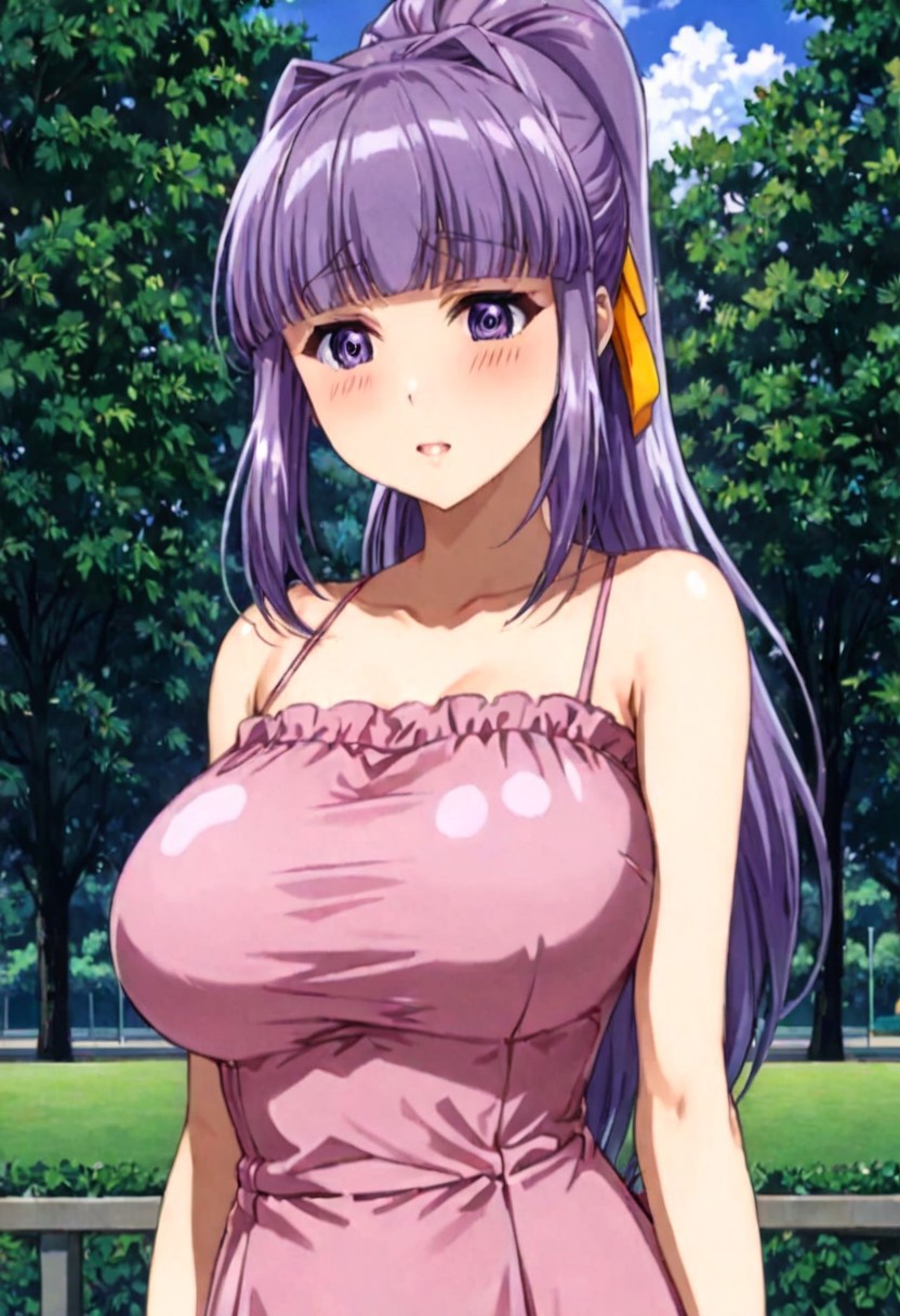 1 girl, alone, Yayoi Mizuno, (cute face, feminine, hot, violet eyes, detailed pupils, long hair, long sideburns, purple hair, straight bangs, ponytail, big breasts), alone, female, pink dress, park background