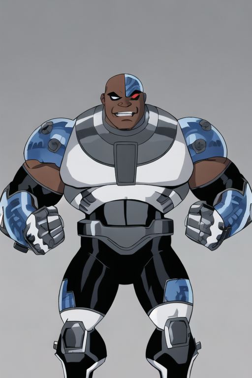 masterpiece, best quality, closeup, solo, simple background, male, 1boy, victorcyborg, cyborg, human, dark skin, bald, gloves, red eyes, black eyes, heterochromia, (smirk), flexing bicep, mostly nude, underwear only,  huge bulge, midriff, huge pectorals, shoulder armor, topless, male underwear, thick thighs, big feet, big hands, flexing, eyeliner, thick eyebrows,