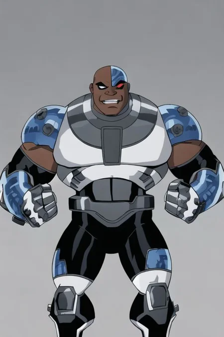 masterpiece, best quality, closeup, solo, simple background, male, 1boy, victorcyborg, cyborg, human, dark skin, bald, gloves, red eyes, black eyes, heterochromia, (smirk), flexing bicep, mostly nude, underwear only, huge bulge, midriff, huge pectorals, shoulder armor, topless, male underwear, thick thighs, big feet, big hands, flexing, eyeliner, thick eyebrows,
