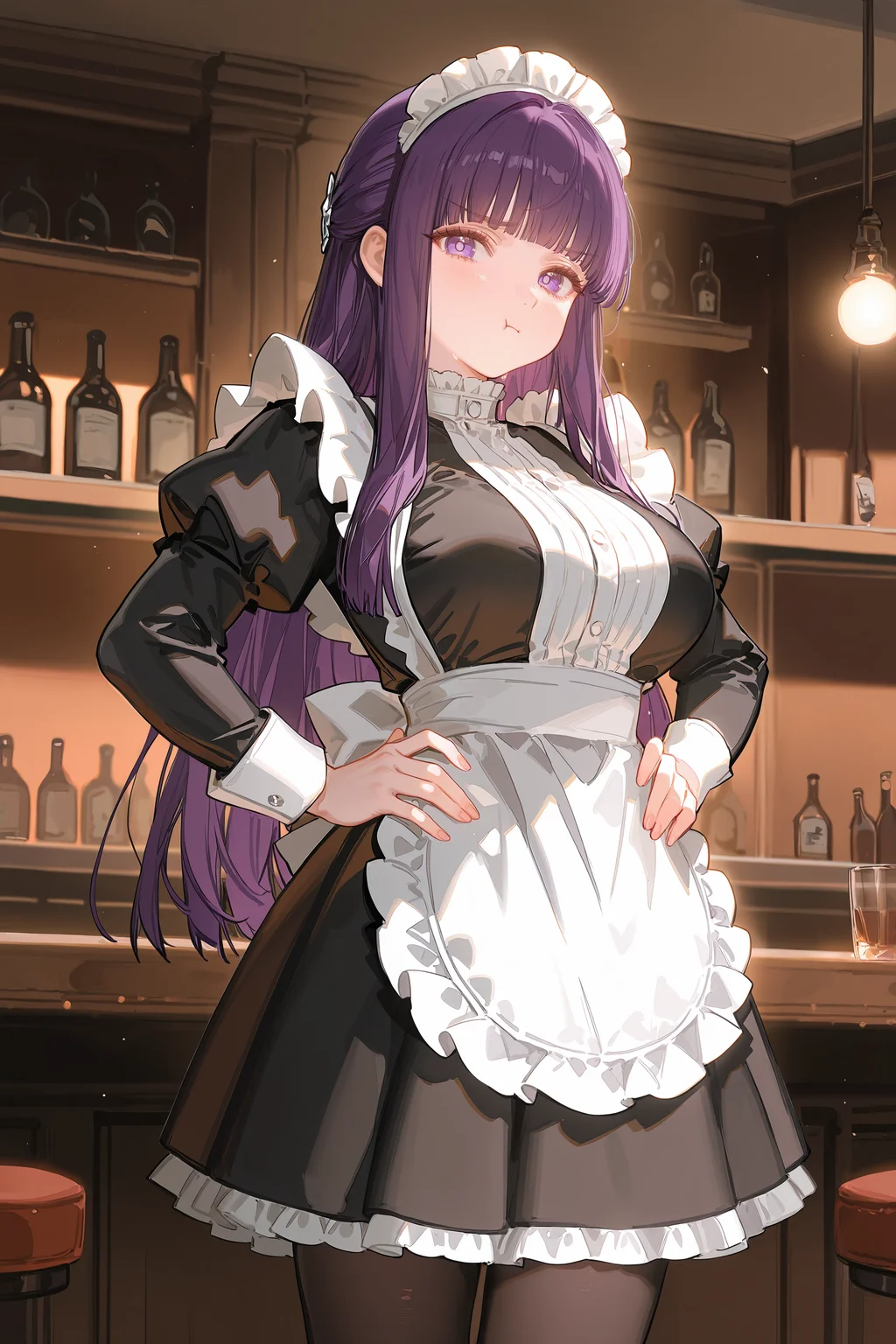 1girl, fern \(sousou no frieren\), solo, large breasts, maid, maid headdress, maid apron, pout, pantyhose, hands on hips, looking at viewer, cowboy shot, bar \(place\), indoors, depth of field <lora:Char-Fern-IL-V1:0.8:hr=0.6>, ciloranko, alphonse \(white datura\), ask \(askzy\), gomzi, you shimizu
masterpiece, best quality, amazing quality, very aesthetic, absurdres, newest, (scenery, volumetric lighting), ray tracing, (bloom:1.4), cinematic