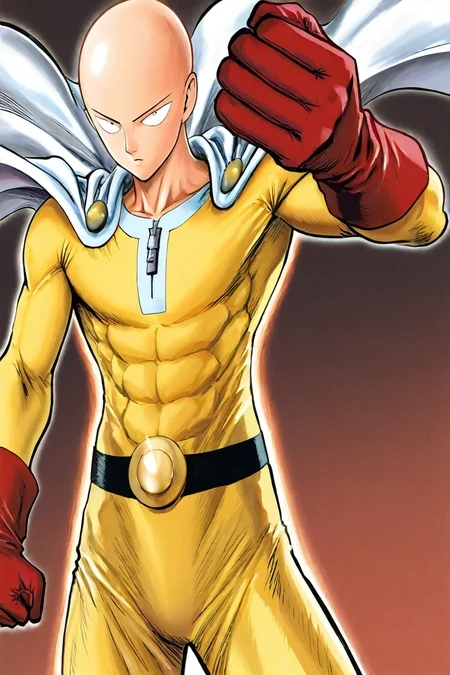 <lora:Hoseki_OnePunchMan_Saitama_PDXL_v1:1> 0pm, saitama (one-punch_man), saitama, 1boy, bald, brown eyes, yellow bodysuit, zipper, black belt, belt buckle, white cape, red gloves, 1boy, solo, alone, <lora:yusuke_murata_style_illustriousXL:1>, yusuke_murata_style, masterpiece, highres