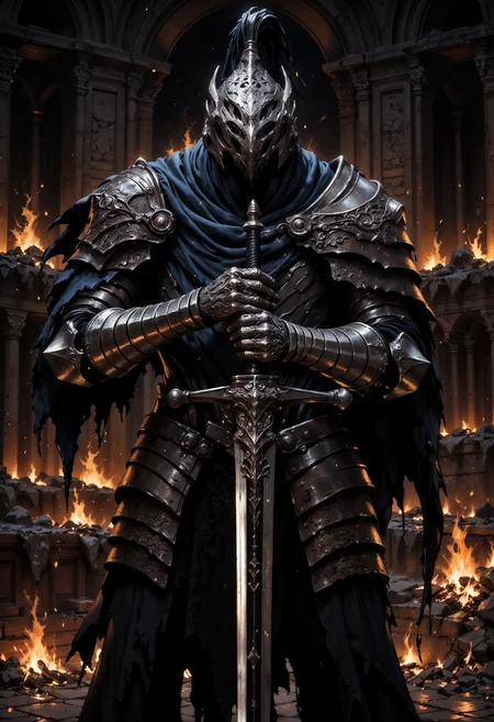 FluxArtorias, Amidst the embers of an abandoned church, a cloaked knight with piercing, meticulously cleans his sword by the flickering flames. The hooded figure's stoic presence adds an air of mystery to the scene. This ultra-realistic painting captures the essence of dark fantasy with its intricate details. The knight's armor gleams in the firelight, every crease and scratch meticulously rendered to perfection. The eerie atmosphere of the church's decay contrasts starkly with the knight's pristine equipment, creating a captivating visual narrative. <lora:FluxArtorias:1> <lora:FluxMythP0rtr4itStyle:0.8> mythp0rt <lora:fluxenhancer:0.5>