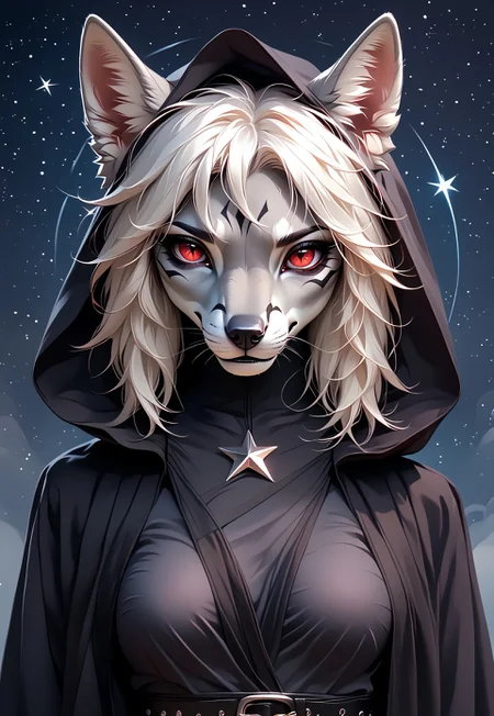 safe_pos, safe_pos, kftenhance, safe_pos, score_9, score_8_up, score_7_up, upper body shot, female furry fox,medium breasts, sith outfit , hands folded, hood on head, white hair, star background, gray skin, gray wool, red eyes, black makeup under eyes , tatoo breast, furry anthro,