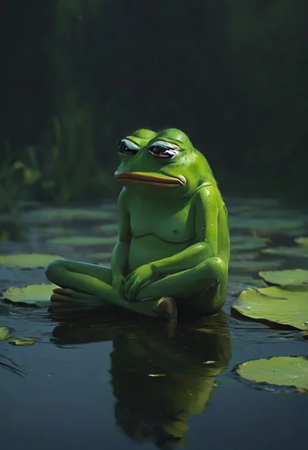 pepe_frog is sitting on a water lily, ( sad pepe_frog:1.2), unhappy, full body, swamp, from side,
(oil on canvas:0.1), cinematic light, Jeremy Mann, dark shot, vegetable, highlights,
<lora:ClassipeintXL1.9:0.3> <lora:pepe_frog SDXL:1>, ,best quality, high resolution, extreme detail, outstanding composition, masterpiece,