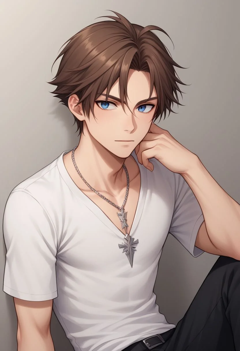 score_9, score_8_up, score_7_up, source_anime, highly detailed, 1boy, solo, skinny,
squall, 1boy, jewelry, male focus, necklace, solo, brown hair, short hair, white shirt, blue eyes, shirt, upper body, red scar, scar on face, parted bangs, black pants,
outdoor, sit,