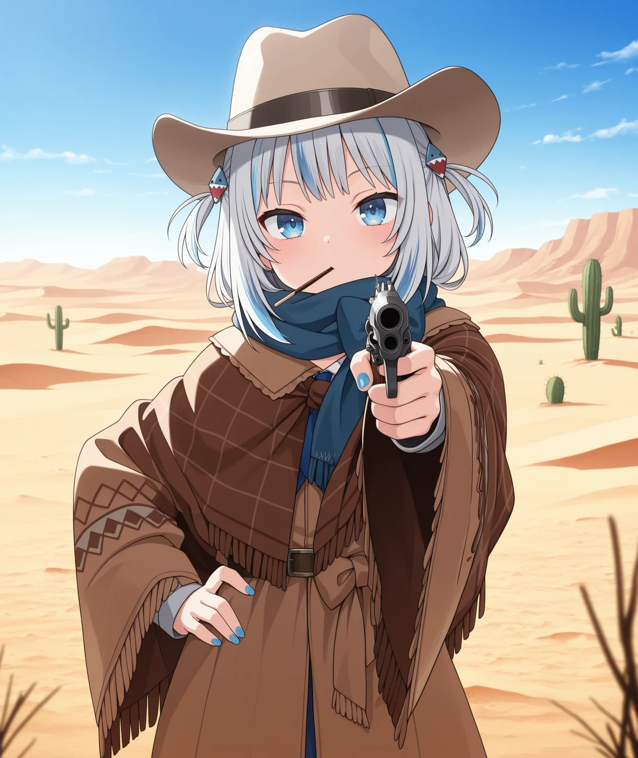 masterpiece, best quality, amazing quality, anime coloring, anime screencap, 1girl,virtual youtuber, cowboy hat, holding weapon, holding gun, revolver, cowboy western, handgun, shark hair ornament, two side up, grey hair, streaked hair, blue eyes, blue nails, 
cosplay, outdoors, desert, sand, cactus, poncho, mouth hold, looking at viewer,  upper body, food in mouth, scarf, fedora, brown coat, aiming, turned to the side, cowboy shot, hand on hip, pocky,  <lora:gura_illus:1>