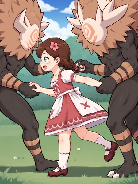 score_9, score_8_up, score_7_up, score_6_up, score_5_up, source_anime BREAK
<lora:Genshin_NPC_EllaMusk_Pony_v1:0.75>, 1girl, 1boy, full body, grassy field, blue sky, trees, (running over a hill:1.5), (hilichurl:1.8), holding hands, teal eyes, brown hair, swept bangs, twin braids, (hair flower, hair ornament:1), collarbone, pink dress, flower pattern, short sleeves, white sleeves, (white apron:1.1), puffy sleeves, white socks, bobby socks, brown footwear, (mary janes:1.5), (freckles on cheeks and nose:1.3), (tareme:1.5), smiling, happy, open mouth, looking at each other, eye contact, (from side:1.5),