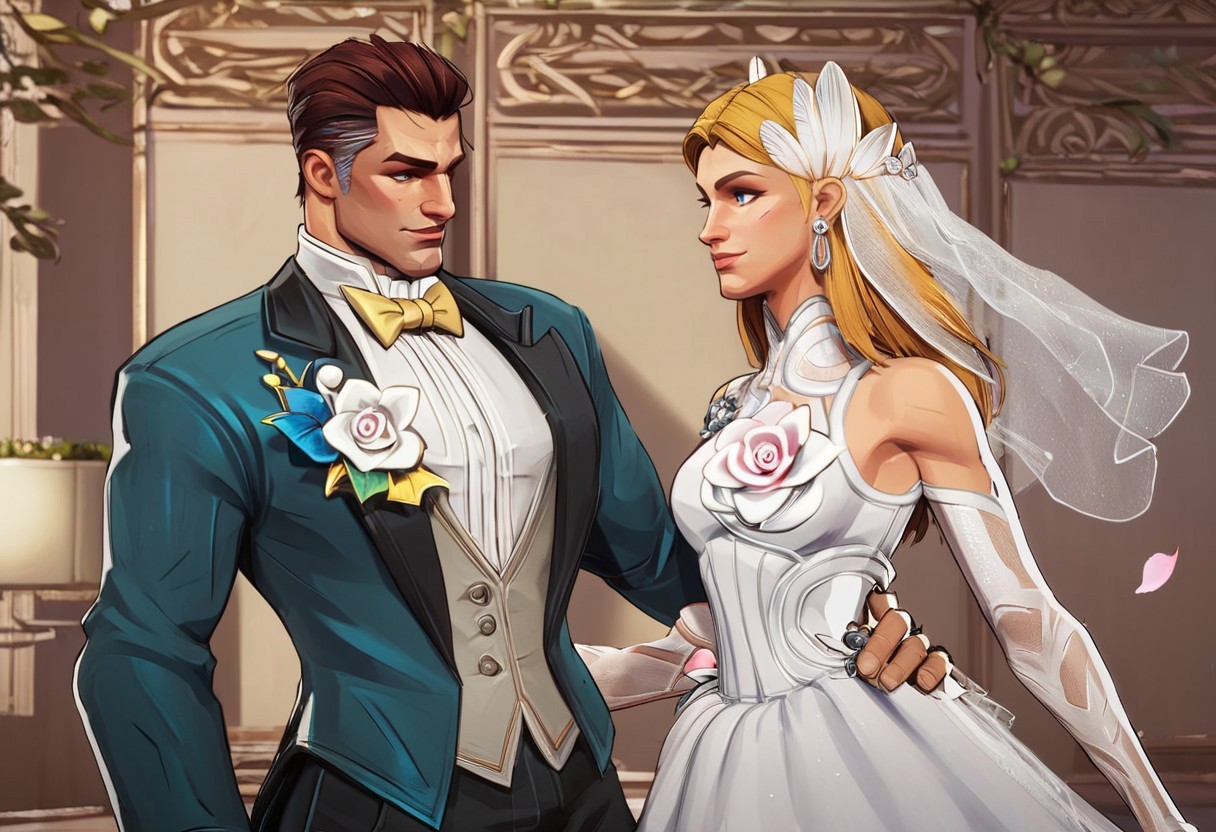 score_9, score_8_up, score_7_up, masterpiece, best quality, newest, absurdres, highres, 1boy, ReedRichards-Lifefantasticskin-V1.0,   suit, formal clothes, bowtie, brown hair, brown eyes, flower, shrt hair, pants, yellow bowtie, portrait, 1girl, SueStorm-Lifefantasticskin-V1.0,  wedding dress, wedding veil, veil, white dress, short dress, blonde, bare shoulders, blue eyes, flower, jewelry, long hair, earrings, long hair, high heels,