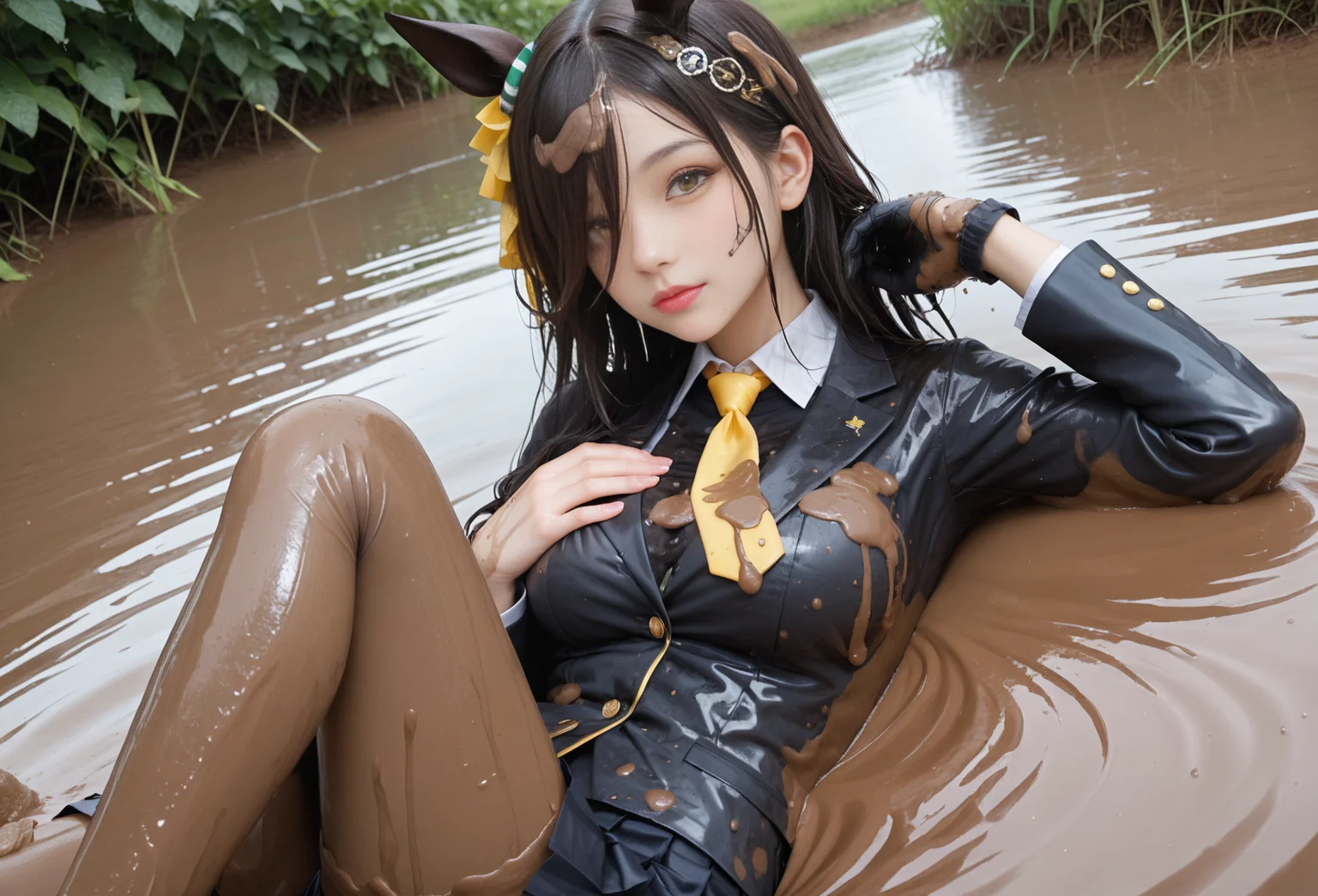 score_9, score_8_up, score_7_up, score_6_up, 1girl, cute, ultra detailed, rain, wet clothes, muddy clothes, mud, ((mud on clothes, mud on face, mud on hair)), lying in mud, long black hair, hair over one eye, horse ears, yellow eyes, black blazer, ((black shirt)), yellow tie, black gloves, black pleated skirt, ((black pantyhose)), hand on breast, feet up, looking at viewer, manhattan cafe \(umamusume\) <lora:add_detail:1> <lora:Expressive_H:1> <lora:wetlook_wethair_wet_clothes:1> <lora:manhattan_cafe_loha-000008:1>