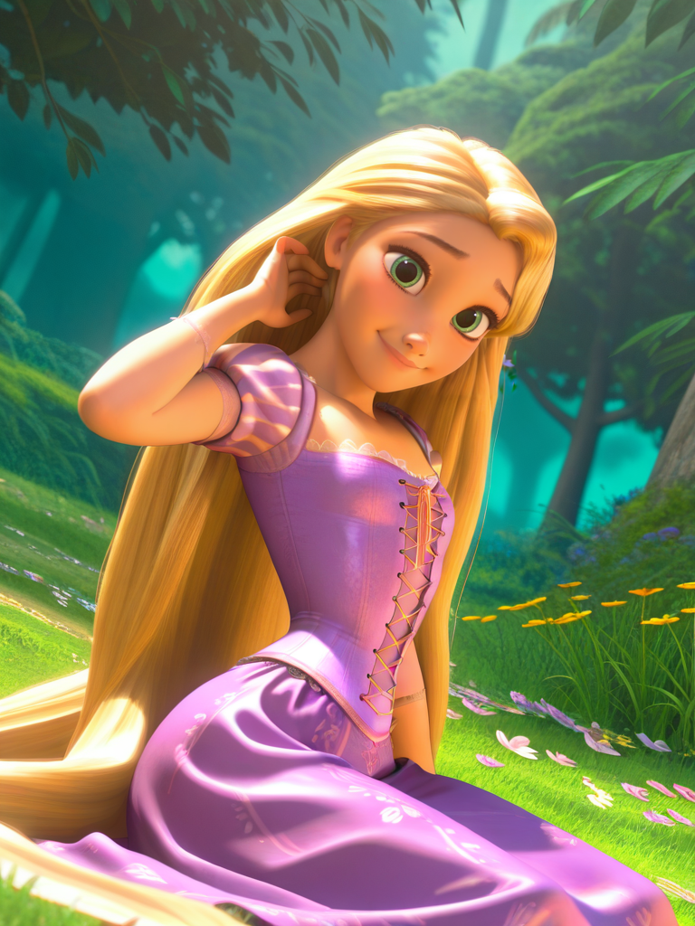 (screencap:1.2), realistic, 3d, cartoon,
1girl, (RapunzelXL:1.1), purple dress, very long hair, green eyes, blonde hair, puffy sleeves, short sleeves, corset, flat chest, narrow waist, wide hips,
smile, happy, dutch angle, cute pose, looking at viewer, nature, grass, flowers around, dynamic pose, cowboy shot, sitting on floor, one hand on hair,, from side,
<lora:RapunzelXL_character-12:1>