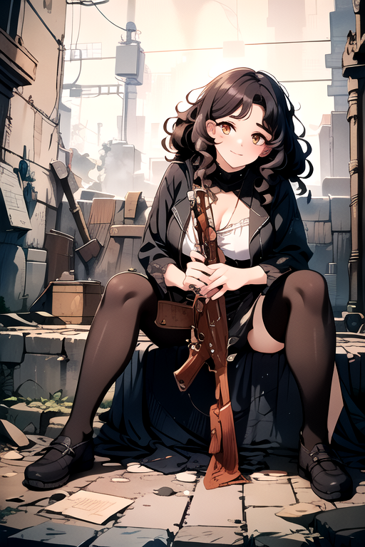 (masterpiece:1.4), high quality, high definition, sharp focus, detailed clothes, detailed body, detailed face, anime, best quality, 4k, 8k, absurd resolution, intricate detail, detailed hands, detailed eyes, animation, illustration, highly detailed, highres, extremely detailed, <lora:ETO_OCC002:0.7> ETO_OCC, black hair, (curly hair:1.5), long hair, thick eyebrows, <lora:hyperdenoiser_v090:0.6>, (plump), (curvy), (thick), (hazel eyes:1.3), (parted bangs:1.4), <lora:mesugaki-10:0.6>, smiling,  smug, <lora:ETO_OC:0.2> ETO-OC, <lora:sensualface_type1:0.6>, seductive smile,  <lora:perfetfingers:1>, pureerosface_v1, prettify, OverallDetail, Illust-InstaFilter, hotify, edgQuality, Earth-QualityPos, BodyPositive, Best_QualityPos, 1girl, breasts, skindentation, ah1, <lora:hyperrefiner_v090:0.6>, sitting, holding weapon, assault rifle,