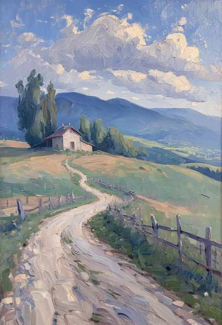 masterpiece, impressionism, style of Berthe Morisot, landscape, evening, scene of an undulating gravel road in Northern Italy. The road moves outward from the viewer and the up a hill, cresting with a small stone building at the top. A ridge of taller mountains reside in the background behind the hill and the stone shack. The focus of the work is the road and the shack in the mid-ground of the scene. The sky at the top of the canvas is a hazy hue of blue with darkening clouds near the mountain tops, indicating a passing rainstorm. A dilapidated wooden fence appears next to the gravel road in the foreground of the scene. High definition, bold brushstrokes, free-flowing brushstrokes, high quality, 8k, unsigned.