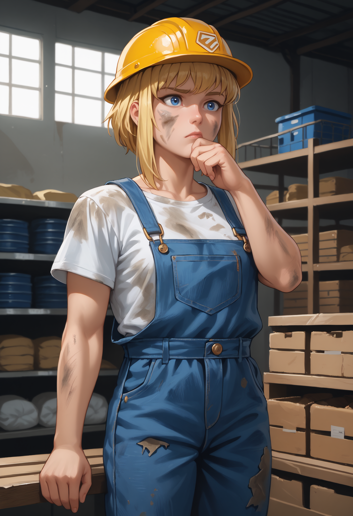 score_9, score_8_up, score_7_up, 1girl, solo, karazoreldef, blue eyes, short hair, blonde hair, medium breasts, toned, 
hard hat, overalls, white t-shirt, denim, dirty clothes, 
looking around, wondering, raised eyebrow, thinking, hand to chin,
indoors, warehouse,
<lora:Kara-Zor-ElPDXL_V1-Manityro-CAME:1.0>,
