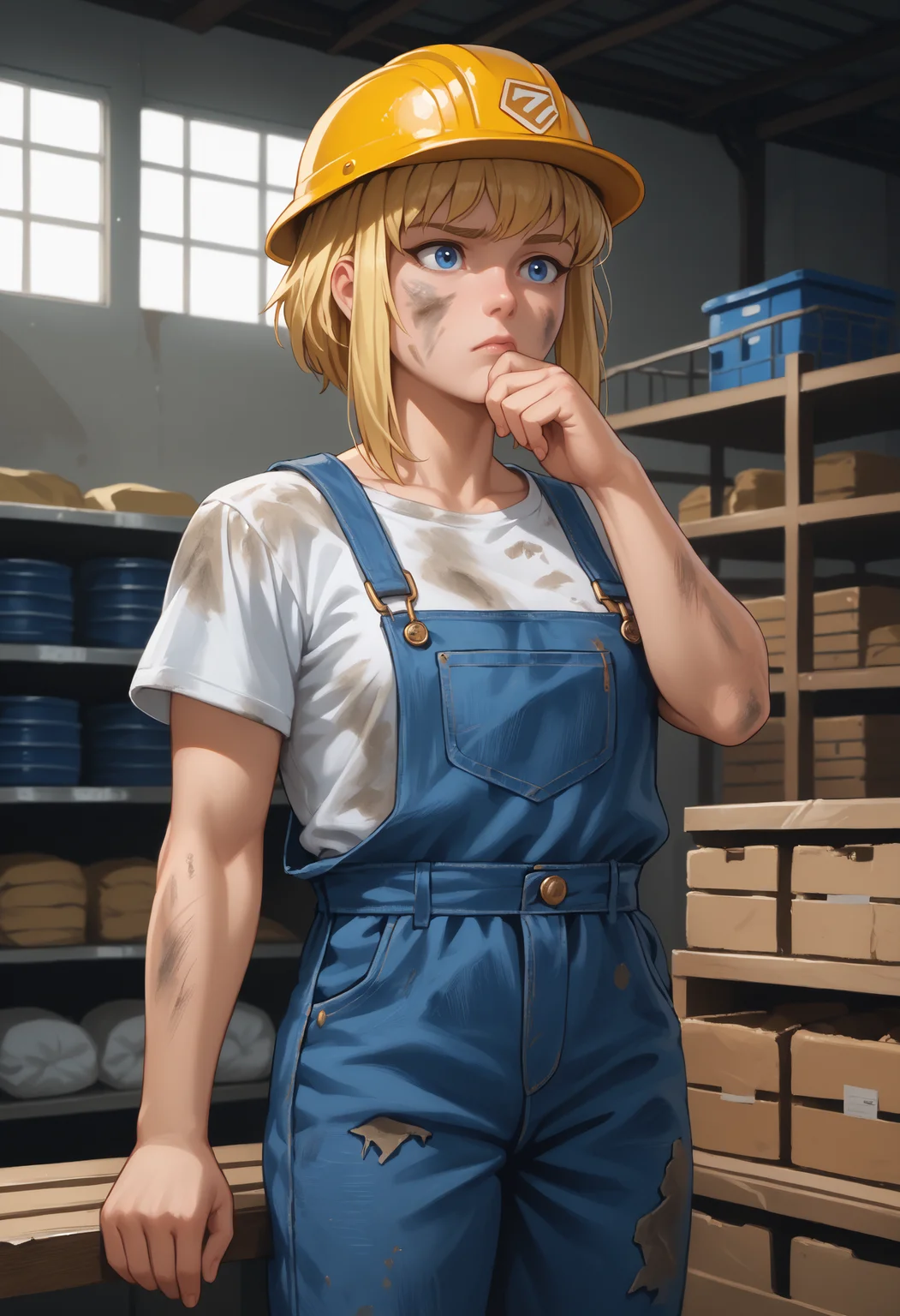 score_9, score_8_up, score_7_up, 1girl, solo, karazoreldef, blue eyes, short hair, blonde hair, medium breasts, toned,
hard hat, overalls, white t-shirt, denim, dirty clothes,
looking around, wondering, raised eyebrow, thinking, hand to chin,
indoors, warehouse,
<lora:Kara-Zor-ElPDXL_V1-Manityro-CAME:1.0>,