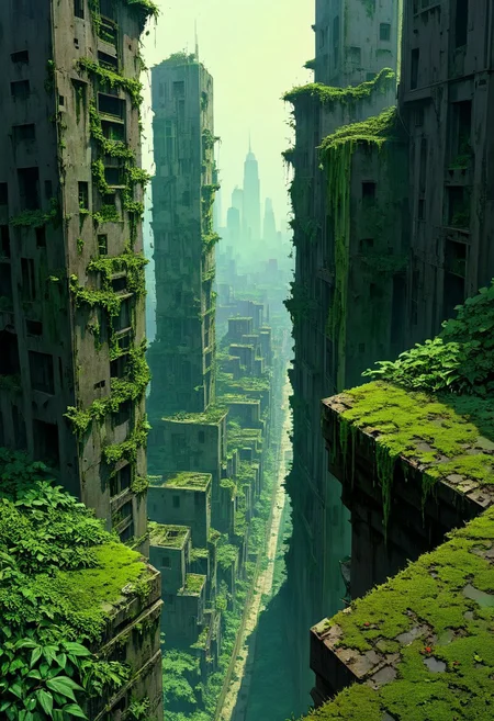 Artwork, A post-apocalyptic cityscape viewed from a high vantage point. A lone female figure stands on the edge of a crumbling, overgrown skyscraper, gazing out at a sprawling city overtaken by nature. The buildings are decayed, covered with vines and moss, and the streets below are barely visible through the dense mist and sunlight filtering through. The mood is both serene and melancholic, with bright green foliage contrasting against the muted, weathered tones of the city ruins. The scene exudes a sense of quiet isolation, resilience, and the reclaiming power of nature...(anime,cyberpunk,Moebius (Jean Giraud) Style page), comicbookpencils