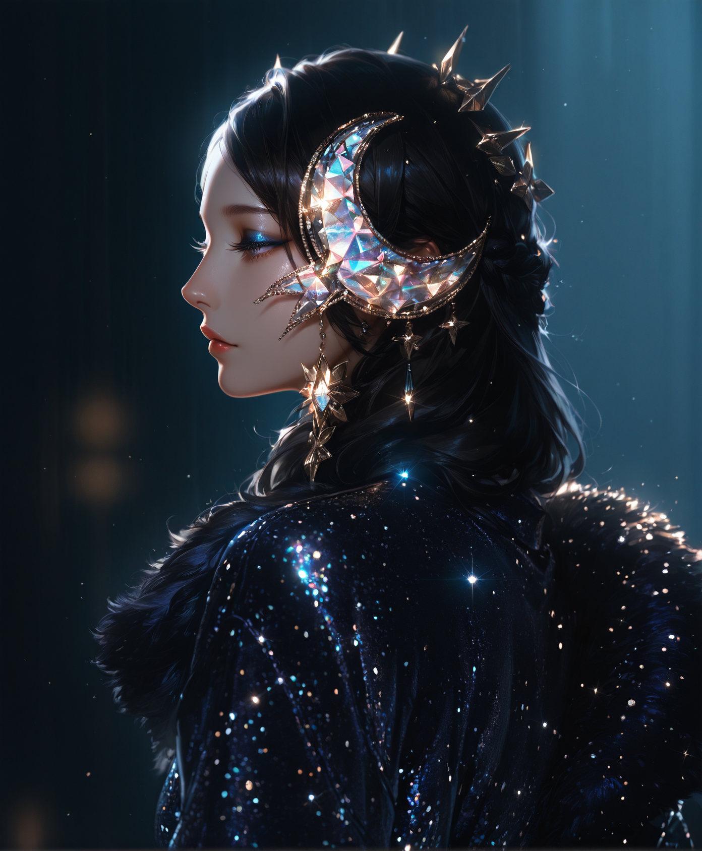 masterpiece, best quality, vibrant, high contrast, realistic, lashes, 1girl,  side view, lashes, closed eyea, hair accessories, glitter jacket, at night, contrast back lighting, makeup, global illumination, glow, raytracing, highly detailed, cinematic lighting,  volumetric, <lora:realistic filter [IL]:0.4> <lora:L0LSPL4SH_IllustriousXLv01:0.5>