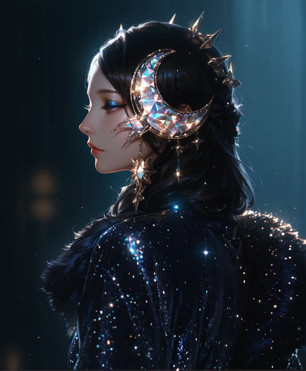 masterpiece, best quality, vibrant, high contrast, realistic, lashes, 1girl,  side view, lashes, closed eyea, hair accessories, glitter jacket, at night, contrast back lighting, makeup, global illumination, glow, raytracing, highly detailed, cinematic lighting,  volumetric, <lora:realistic filter [IL]:0.4> <lora:L0LSPL4SH_IllustriousXLv01:0.5>