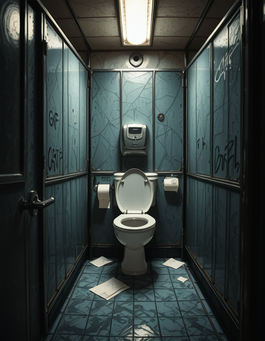 A highly realistic, detailed photograph of a public restroom stall from a human eye-level perspective. The stall is constructed with dull, light gray metal partitions showing subtle scratches and wear from years of use. The door is slightly ajar, with a simple metal latch and a small gap visible at the bottom and top of the door. Inside the stall, there is a standard white ceramic toilet with a chrome flush handle, positioned against a wall of white, slightly aged subway tiles. The floor is covered with small, dark gray hexagonal tiles, with faint reflections from the overhead fluorescent lighting. A single toilet paper dispenser made of stainless steel is mounted to the side wall, partially filled, with a torn sheet hanging loosely. The lighting is cool and sterile, casting soft shadows and emphasizing the slightly utilitarian, worn-out atmosphere of the space. Subtle details like faint graffiti scratched into the partition, a discarded paper towel near the floor, and small water stains near the base of the toilet contribute to the realistic, everyday public restroom feel. The photo is sharp, with a neutral color palette and an urban documentary style.
 <lora:SDXLFaeTastic2400:0.4> <lora:extremely_detailed:0.4> extremely detailed,<lora:public_restroom_st4ll_r2:1>,public restroom st4ll, Masterpiece,best quality,hi res,8k,hi res,8k,award winning,(sharp focus, intricate, highly detailed),