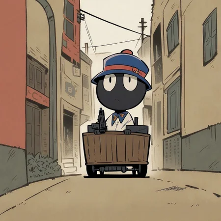score_9,score_8_up, masterpiece, by Simon Hutt and Takeichi Abaraya \(skchkko\), (solo:1.2), 1mutant, humanoid, pale black skin, thick scowl eyes, @ @, blue Dot Pupils, Black thick eyebrows, hidden nose, mouth (Dimple), power lines, no humans, Magenta Bowler hat, bandage arms, white simple jacket robe, Maroon Bow Tie, pointed flat collar, Panel Screws on neck, shackles on wrist, black Apron, red laced boots, looking at viewer, rage and Revulsion, looking at view, Slightly Side View, holding Machinegun, riding at in wagon, Asterboid + Garden+ Chinatown + Seoul + New York City, Artist by Alexis Beaumont and Hiroyuki Imaishi, France hand drawn art, MFKZ style hand drawn art, graphic illustration, Style of Steve Baker and Hiroyuki Imaishi, Flat 2D Art Style, France hand drawn art, Thick lineart, Art Style of Wuye Changjie and Hiroyuki Imaishi, MFKZ parody, <lora:TakeichiAbarayaArtistStyle_v10:0.2>, <lora:AlexisBeaumont-10:0.8>, <lora:SilviaDeVenturaArtist-19:0.2>, <lora:LewisTrondheimXLP_Style:1>, <lora:HellperWebtoonV2:0.9>, <lora:MFKZ-XL:1>