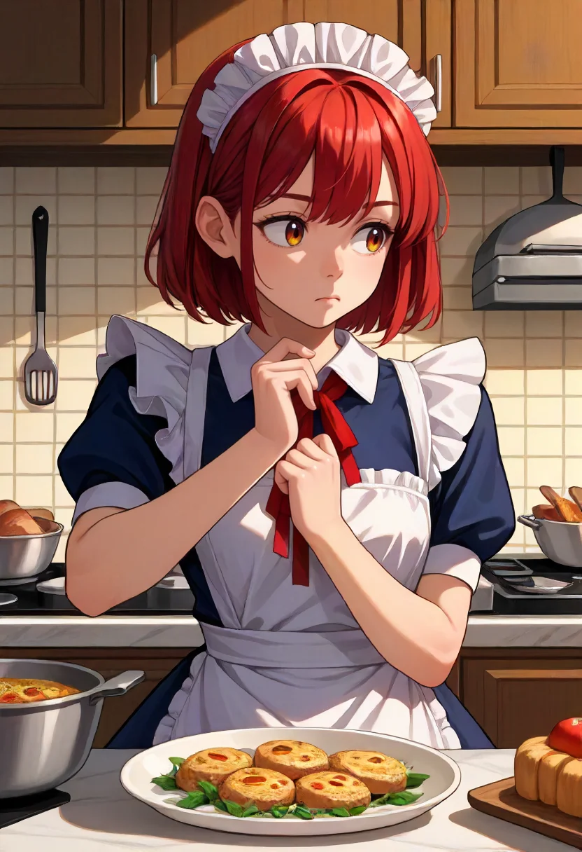 score_9, score_6_up, source_anime, 1girl, solo, cowboy shot, red hair, maid, maid headdress, kitchen, cooking, food, thinking, looking away, hand on chin