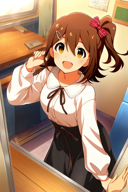 masterpiece,best quality,very aesthetic,absurdres,highres,newest,official art,official style,
1girl,solo,
kasuga mirai,brown eyes,brown hair,hairclip,hair ornament,hair between eyes,one side up,side ponytail,medium hair,
white shirt,long sleeves,black skirt,long skirt,
<lora:eye_focus_illus:1>,eye_focus,
<lora:idolmaster_kasuga_mirai_ill_v1.0:1>,
