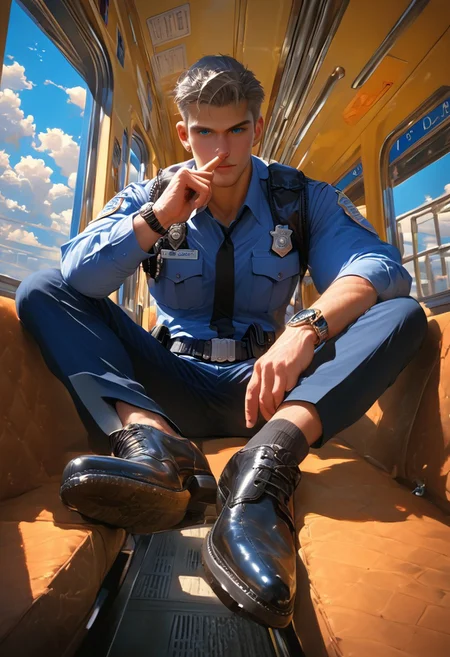 score_9, score_8_up, score_7_up, aaESSd1m3,1boy, (male:1.2), perspective, fish eye lens, (front view:1.4), (detailed perfect face:1.5),rating_explicit,best quality, highres,masterpiece, (blue eyes),(grey hair:1.2), police uniform, extra details,realistic style ,Expressiveh,RAW photo, photorealistic, film grain, color graded cinematic, eye catchlights, natural,(sitting:1.2),lean back,(hand holding a phone),talking, silver seat,(full body:1.7),(shoe sole),zPDXL2,train interior,(leather shoes),looking at viewer,formal,ground vehicle,sideburns,(perfect hand, perfect finger:1.7), cloud, one watch, ear piercing,skyline, black socks,